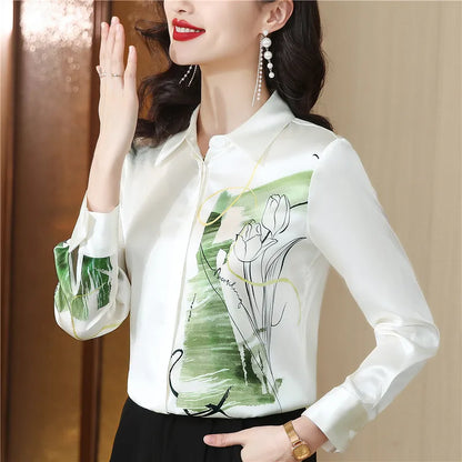 Ribbon Bow Women Silk Print Shirt Polka Dot Long Sleeve Button Up Blouses Office Ladies Casual Shirts Spring Autumn Designer Blouse Fine Elegant Tops Woman