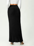 Solid Scallop Trim High Waist Skirt, Elegant Long Length Skirt For Spring & Fall, Women's Clothing