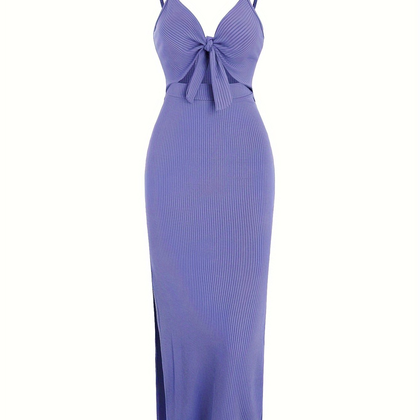 vlovelaw Sexy Spaghetti Strap Ribbed Knot Cutout Side Split Maxi Dress, Solid Body-Con Dress For Spring & Fall, Women's Clothing