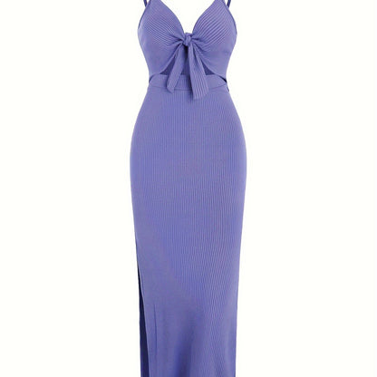 vlovelaw Sexy Spaghetti Strap Ribbed Knot Cutout Side Split Maxi Dress, Solid Body-Con Dress For Spring & Fall, Women's Clothing