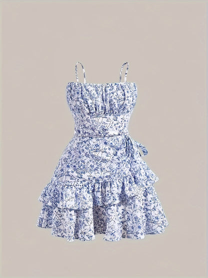 vlovelaw  Floral Print Cami Dress, Elegant Backless Layered Ruffle Hem Dress For Spring & Summer, Women's Clothing
