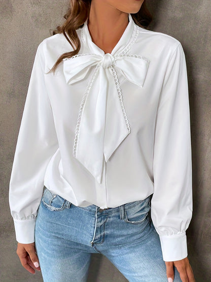 Bowknot Front Long Sleeve Blouse, High Neck Casual Top For Fall & Spring, Women's Clothing