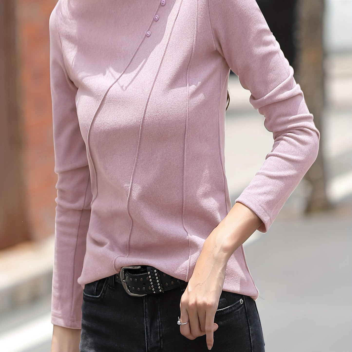 vlovelaw  Button Decor Mock Neck T-Shirt, Versatile Solid Long Sleeve T-Shirt For Spring & Fall, Women's Clothing