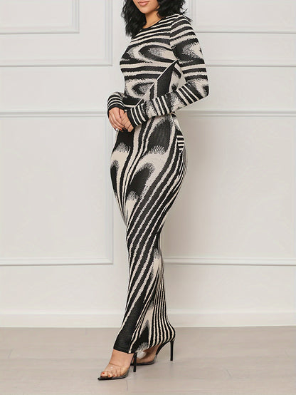 Abstract Print Long Sleeve Dress, Stylish Crew Neck Maxi Length Slim Dress, Women's Clothing