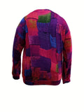 Plus Size Casual Top, Women's Plus Patchwork Print Long Sleeve Round Neck Medium Stretch Top