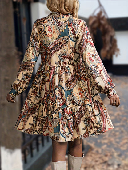 vlovelaw Paisley Print V Neck Dress, Elegant Long Sleeve Ruffle Hem Dress, Women's Clothing