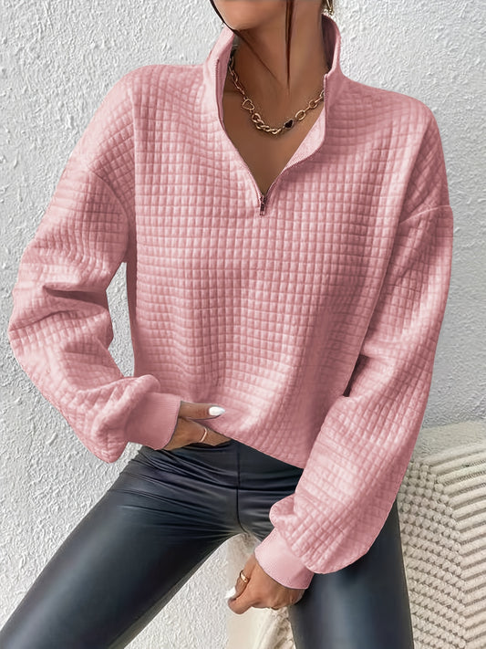xieyinshe  Waffle Grid Quarter Zip Pullover Sweatshirt, Casual Long Sleeve Lapel Sweatshirt For Fall & Winter, Women's Clothing