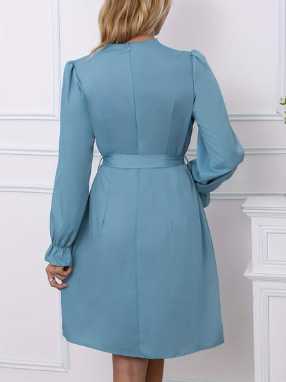 vlovelaw  Tucked Solid Dress, Elegant Puff Long Sleeve Bodycon Dress, Women's Clothing