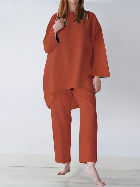 Solid Casual Two-piece Set, Long Sleeve Crew Neck Loose Tops & Wide Leg Pants Outfits, Women's Clothing
