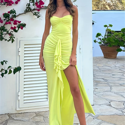 Ruched Asymmetrical Strapless Dress, Elegant Sleeveless Dress For Party & Banquet, Women's Clothing