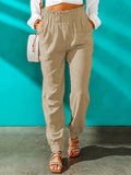 Ruffle Trim Smocked Solid Pants, Casual High Waist Long Length Elastic Pants, Women's Clothing