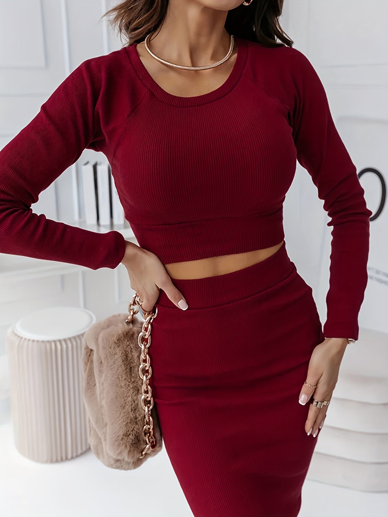 Casual Solid Two-piece Set, Crew Neck Long Sleeve Crop Top & High Waist Skirt Outfits, Women's Clothing