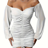 vlovelaw  Off-shoulder Drawstring Ruched Dress, Elegant Long Sleeve Dress For Club & Party, Women's Clothing