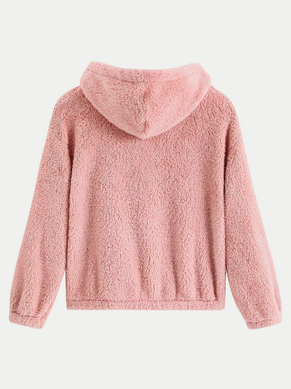 Solid Teddy Hooded Jacket, Casual Zip Up Long Sleeve Outerwear, Women's Clothing