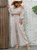 Striped Print Casual Two-piece Set, Off Shoulder Long Sleeve Tops & Wide Leg Drawstring Pants Outfits, Women's Clothing