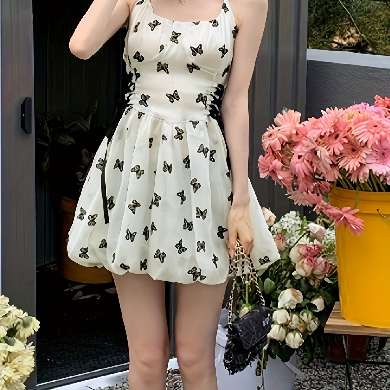 vlovelaw  Butterfly Pattern Tie Side Halter Dress, Casual Sleeveless Backless Waist Dress, Women's Clothing
