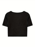 vlovelaw  Solid Cross Tie Front Crop T-Shirt, Casual Crew Neck Short Sleeve T-Shirt For Spring & Summer, Women's Clothing