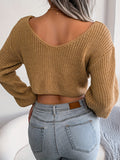 Knotted V Neck Crop Sweater, Casual Lantern Long Sleeve Loose Fall Winter Crop Knit Sweater, Women's Clothing