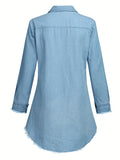Raw Hem Long Sleeves Denim Shirt, Single-Breasted Button Patched Pockets Lapel Denim Shirt, Women's Denim Clothing