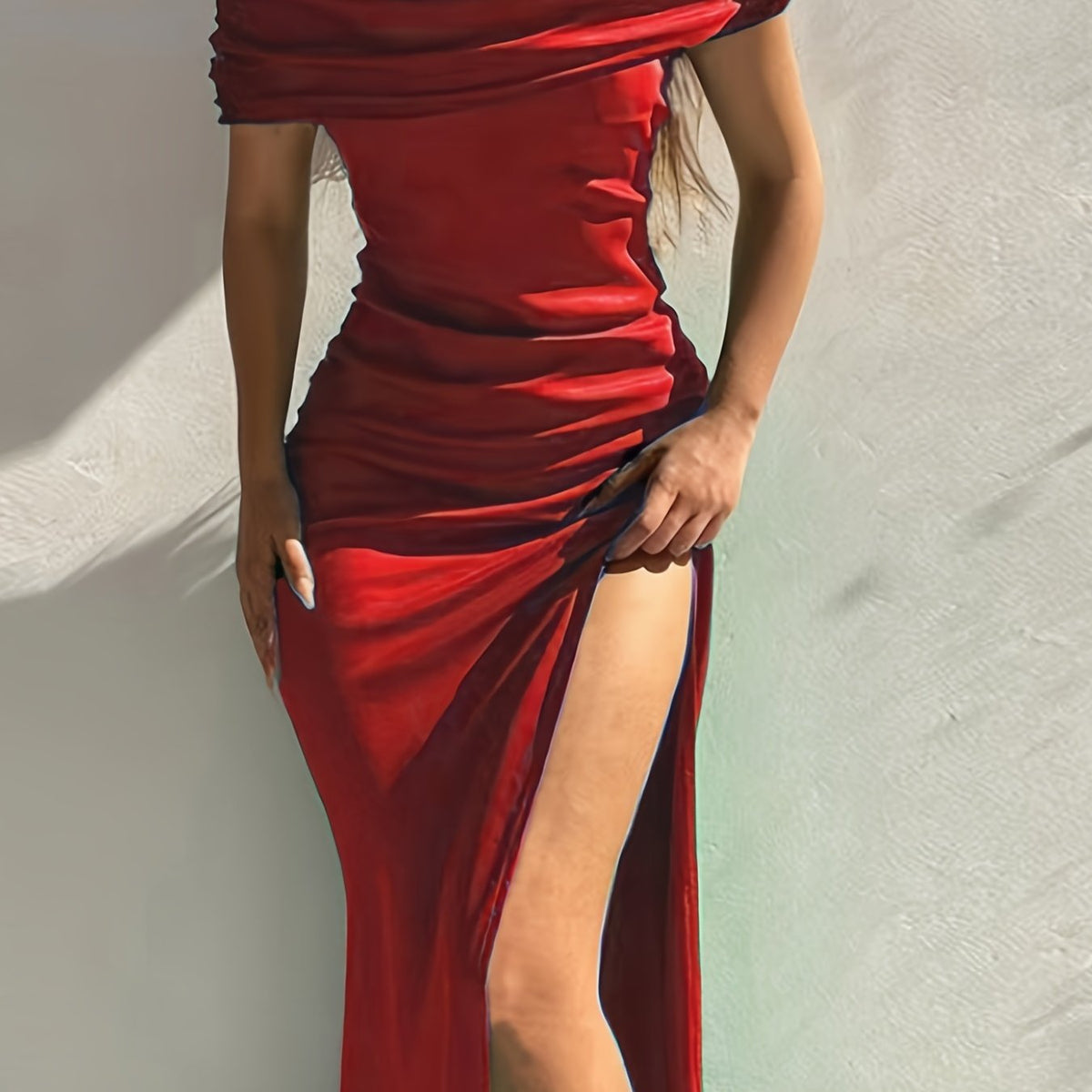 vlovelaw  Off Shoulder Slit Maxi Dress, Elegant Formal Party Evening Waist Solid Color Sleeveless Mid-length Dresses, Women's Clothing