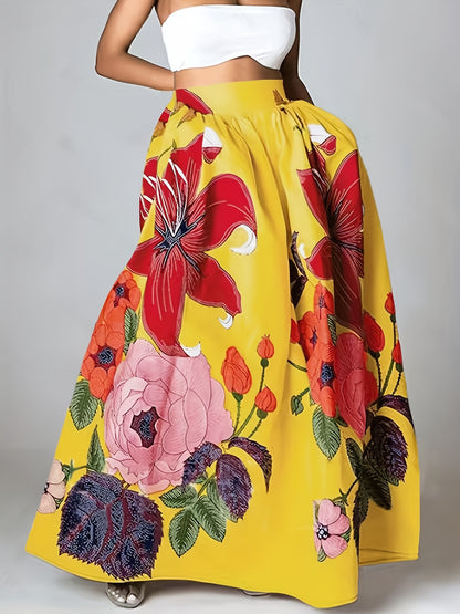 Plus Size Casual Skirt, Women's Plus Floral Print High Rise Slight Stretch Maxi A-line Dress