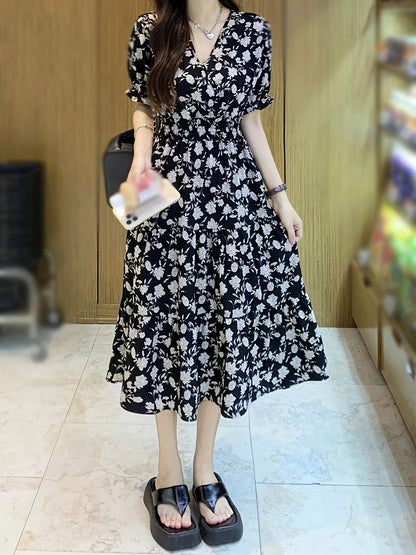 Floral Print V Neck Dress, Casual Puff Sleeve Shirred Waist Dress, Women's Clothing