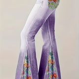 vlovelaw Plus Size Casual Trousers, Women's Plus Denim Print Slight Stretch Contrast Floral Panel Flare Pants
