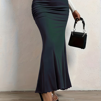 vlovelaw  Plus Size Sexy Skirt, Women's Plus Solid Side Ruched Elastic High Rise Medium Stretch Maxi Mermaid Skirt