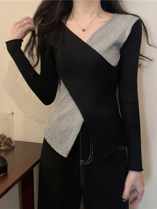 vlovelaw  Color Block Cross Front Rib Knit Top, Elegant V Neck Long Sleeve Slim Sweater, Women's Clothing
