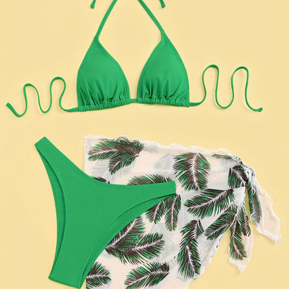 Three-Piece Bikini Set - Flattering Halter Neck Design, Ultra Quick-Drying Technology, Comfortable Four-Way Stretch Fabric - Designed for Women, Vibrant Feather Print Pattern, Matching Cover Up Skirt, Perfect for Beachwear and Poolside Fashion