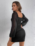 vlovelaw  Ruched Bodycon Mini Dress, Sexy Square Neck Long Sleeve Dress, Women's Clothing
