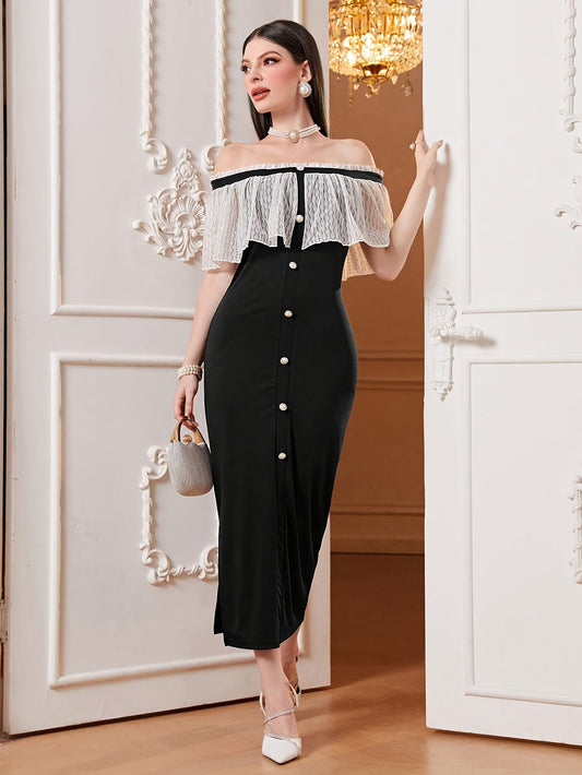 vlovelaw Off-shoulder Lace Cape Dress, Chic Split Hem Slim Dress For Spring & Summer, Women's Clothing