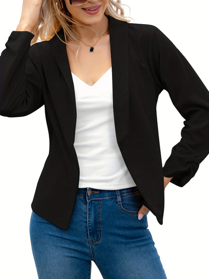 Elegant Solid Long Sleeve Blazer, Open Front Lapel Blazer, Elegant & Stylish Tops For Office & Work, Women's Clothing