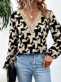 vlovelaw  Guipure Lace Geo Print Blouse, Elegant V Neck Long Sleeve Blouse, Women's Clothing