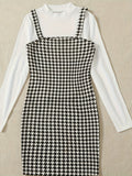 vlovelaw  Simple Elegant Two-piece Set, Solid Long Sleeve Tops & Houndstooth Print Overall Dress Outfits, Women's Clothing