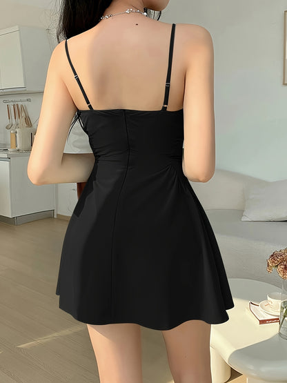 vlovelaw Solid Spaghetti Strap Dress, Chic Backless A-line Cami Dress, Women's Clothing