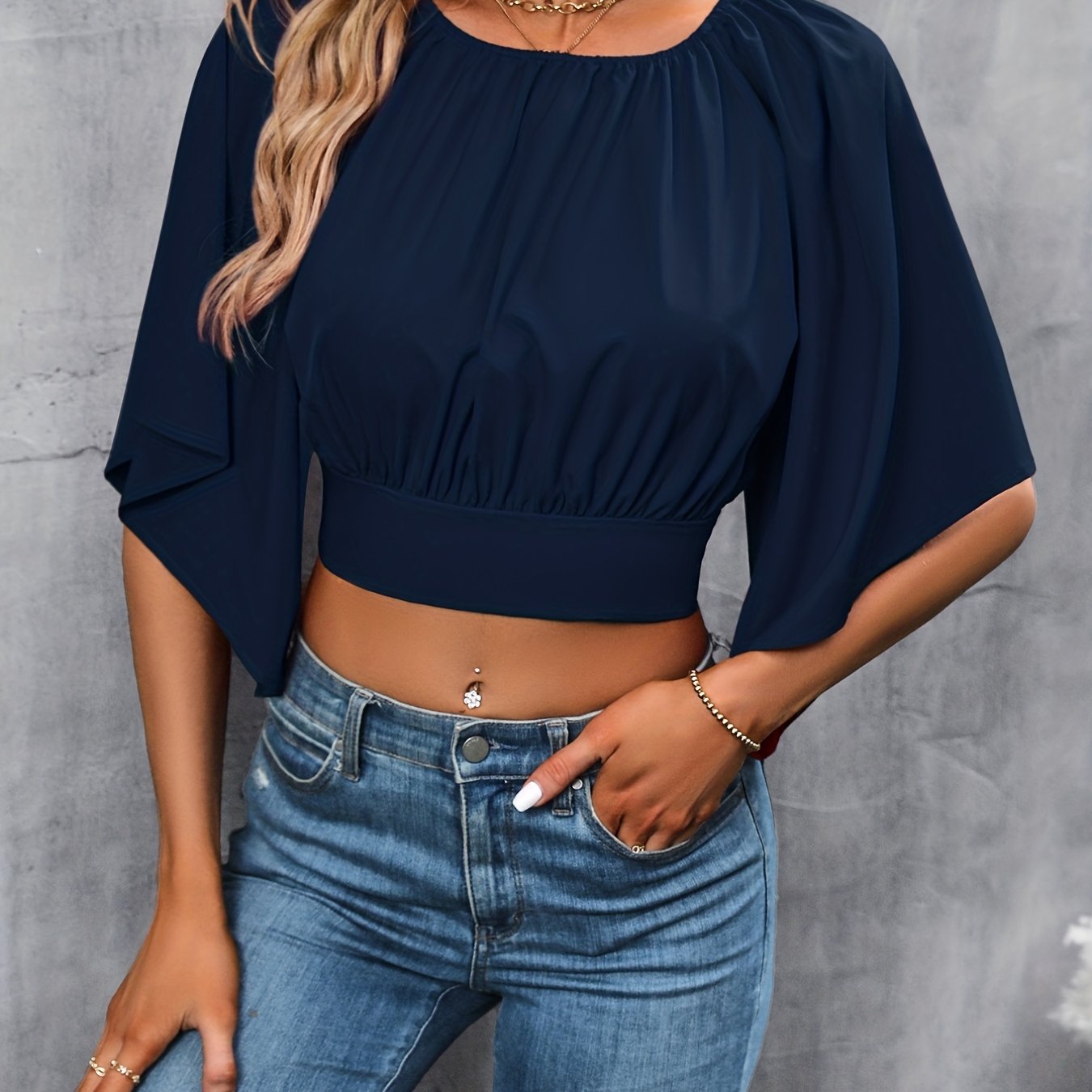 vlovelaw  Ruched Tie Back Crop Top, Casual Crew Neck Cape Sleeve Blouse For Spring & Summer, Women's Clothing