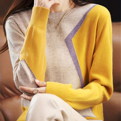xieyinshe  Color Block Knitted Sweater, Long Sleeve Crew Neck Casual Sweater For Spring & Fall, Women's Clothing