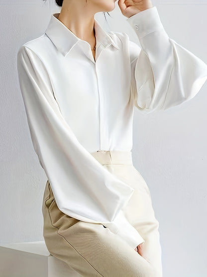 vlovelaw  Solid Polo Collar Blouse, Casual Long Lantern Sleeve Blouse For Spring & Fall, Women's Clothing