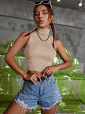 vlovelaw  Solid Turtle Neck Crop Knitted Top, Casual Sleeveless Top For Summer, Women's Clothing