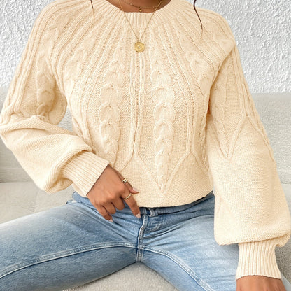 Solid Crew Neck Pullover Sweater, Casual Lantern Sleeve Criss Ruffle Trim Knit Sweater For Fall & Winter, Women's Clothing