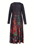 Allover Print Maxi Dress, Casual Crew Neck Long Sleeve Dress, Women's Clothing
