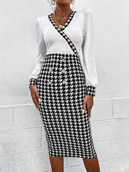 Houndstooth Splice Button Detail Bodycon Dress, Long Sleeve Surplice Neck Elegant Dress, Women's Clothing