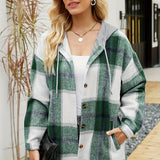 vlovelaw  Plaid Print Hooded Shirt, Casual Drawstring Long Sleeve Shirt, Women's Clothing