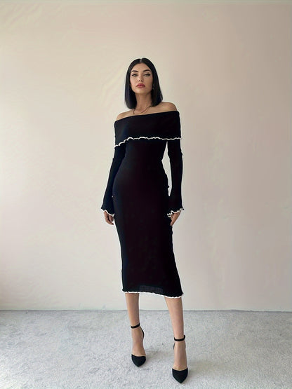 Contrast Trim Off Shoulder Dress, Elegant Lettuce Trim Bodycon Dress For Spring & Fall, Women's Clothing