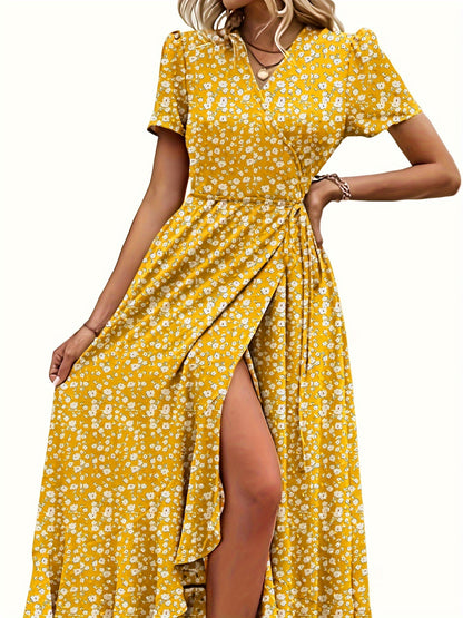 vlovelaw  Ditsy Print Belted Split Ruffle Dress, Elegant Short Sleeve Surplice Neck Dress, Women's Clothing