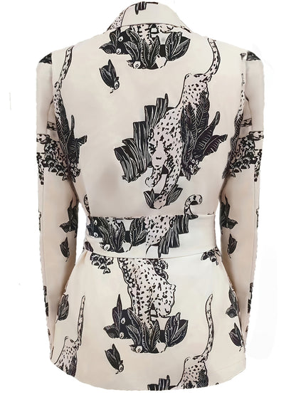 Allover Print Lapel Neck Belted Blazer, Casual Long Sleeve Blazer For Work, Women's Clothing
