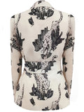 Allover Print Lapel Neck Belted Blazer, Casual Long Sleeve Blazer For Work, Women's Clothing