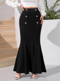 vlovelaw  Solid Double Breasted Mermaid Skirt, Elegant Bodycon Ruffle Hem Skirt For Spring & Fall, Women's Clothing