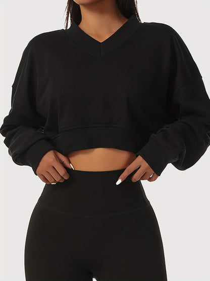 vlovelaw Solid V Neck Sporty Crop Sweatshirt, Casual Long Sleeve Drop Shoulder Sweatshirt, Women's Clothing